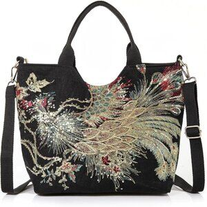Women's Sequin Embroidery Bird Small Canvas Stylish Casual Shoulder Bags